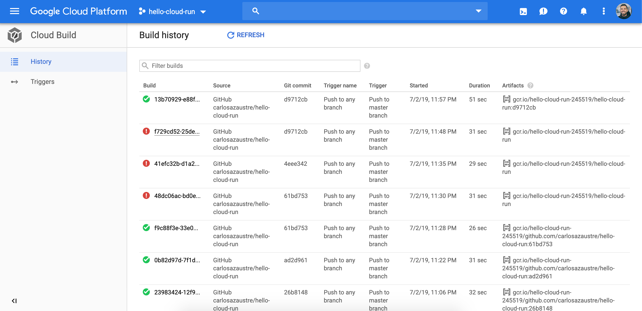 Histórico de triggers en Cloud Build